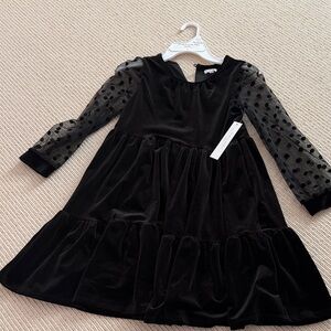 Tahari Black Velvet Dress with Sheer Polka Dot Sleeves